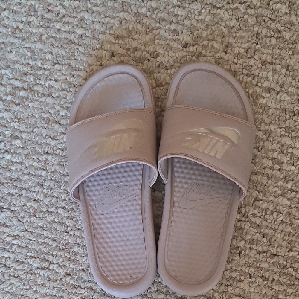 Nike Blush Pink Slides with Gold Logo